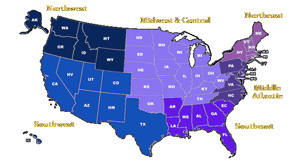 Map of United States of America's regions